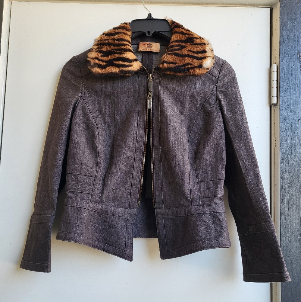 Y2k tiger fur trim denim jacket.